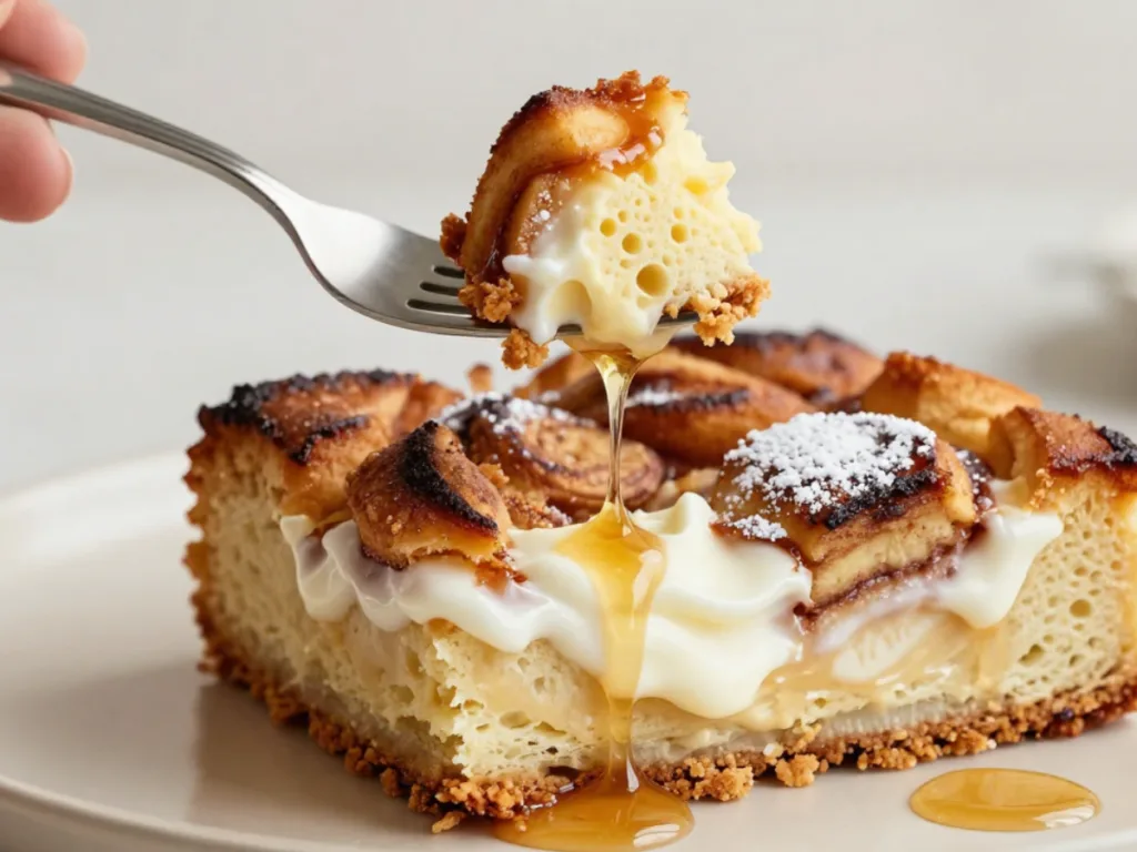 A warm dish of Bread Pudding With Cinnamon Rolls being served, highlighting the golden-brown crust and soft interior of this Comfort Dessert.