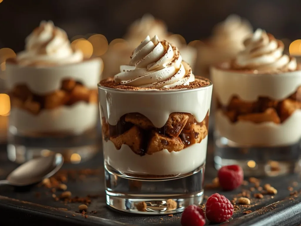 A tray of Individual Tiramisu Cups filled with Creamy Eggnog and Mascarpone Cheese for Winter Parties.