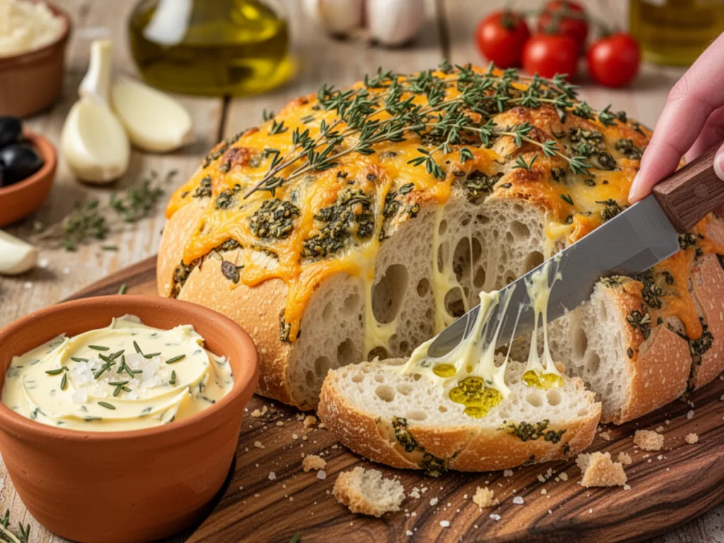 Slices of soft Italian herb and cheese bread with herbs.