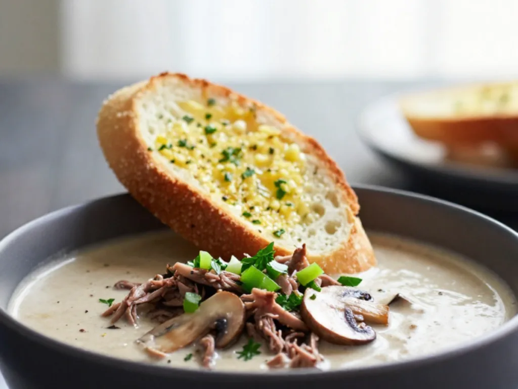 Hearty beef and cheese soup in bowl.