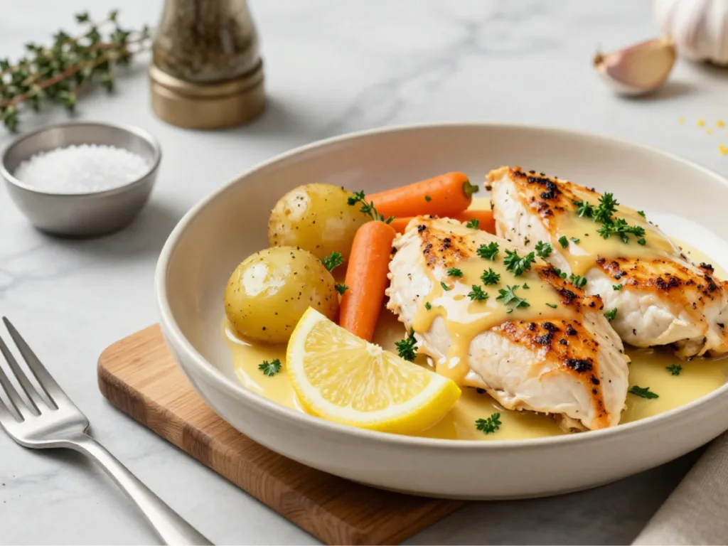 A close-up of roasted baby potatoes and carrots from a slow cooker lemon herb chicken & veggie dinner.