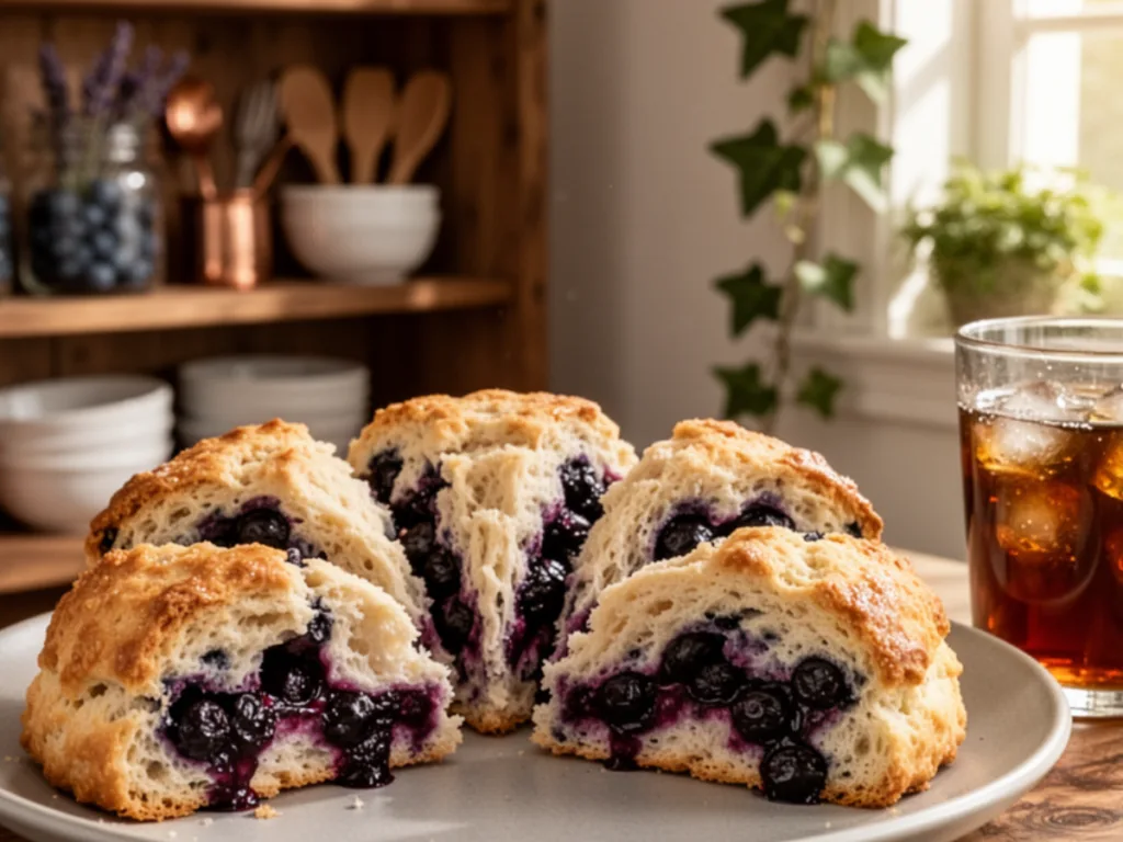 Buttery fluffy blueberry biscuits on a wooden board