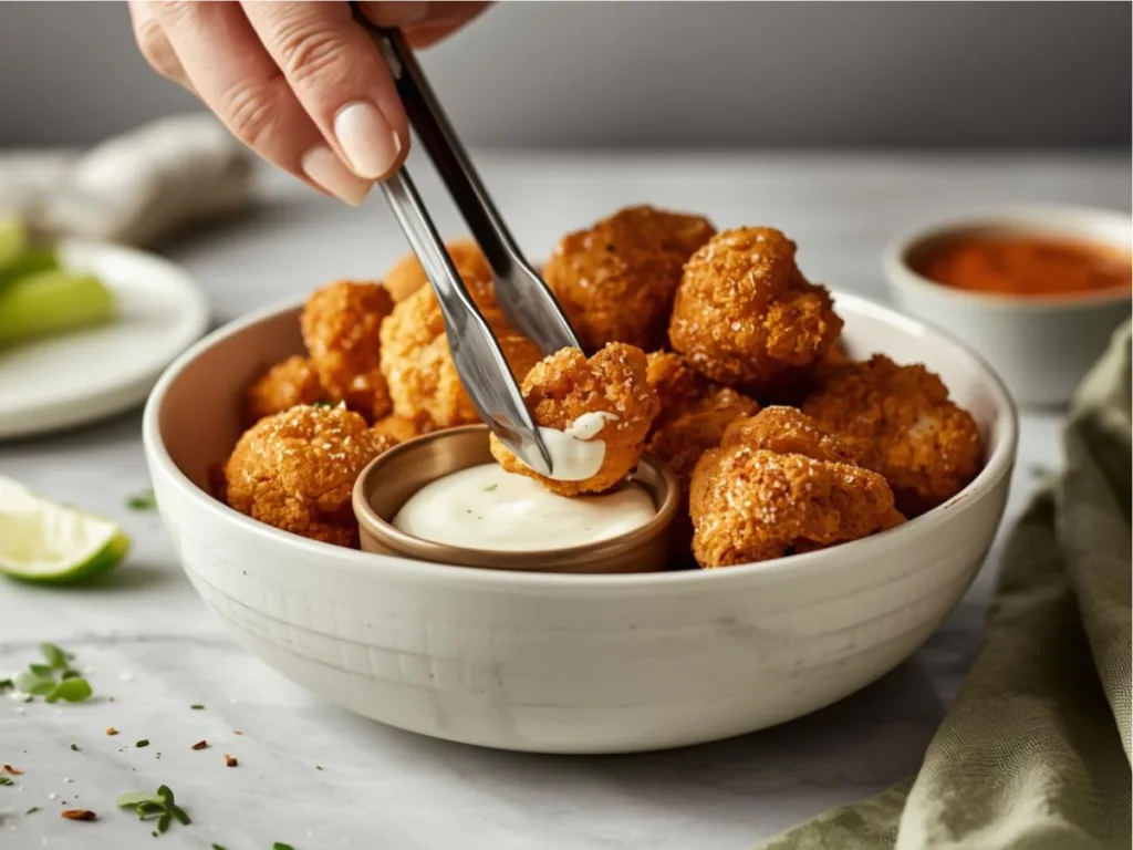Spicy buffalo cauliflower bites made in an air fryer.