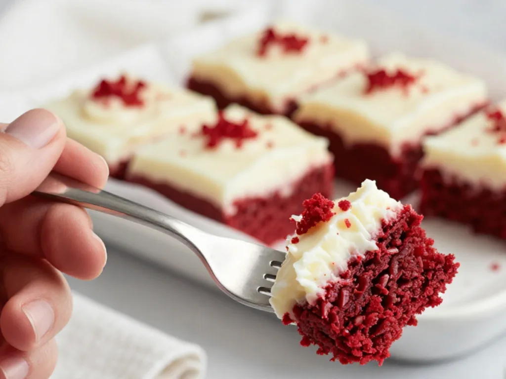 High-angle shot of a tray of Red Velvet Brownies cut into squares, showcasing the vibrant red color and soft texture.