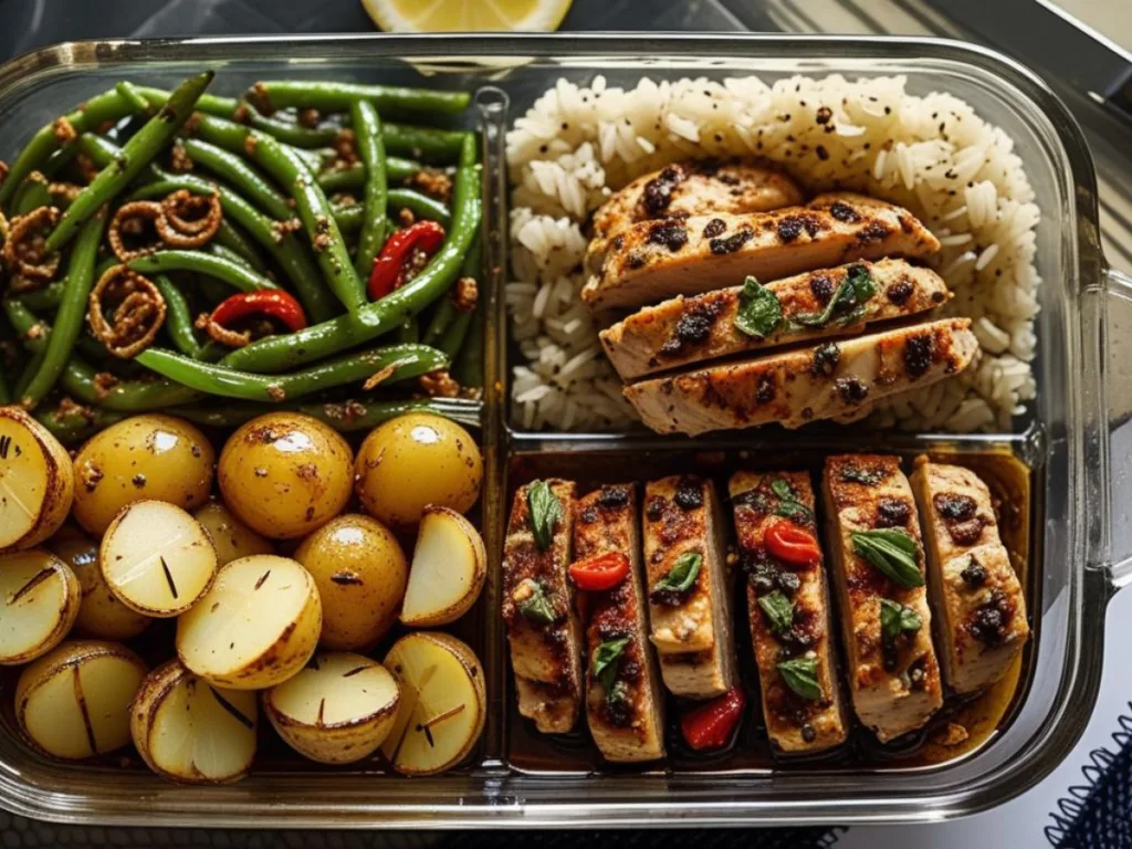Close-up of roasted chicken and garlic potatoes served over a bed of fluffy white rice and green beans.