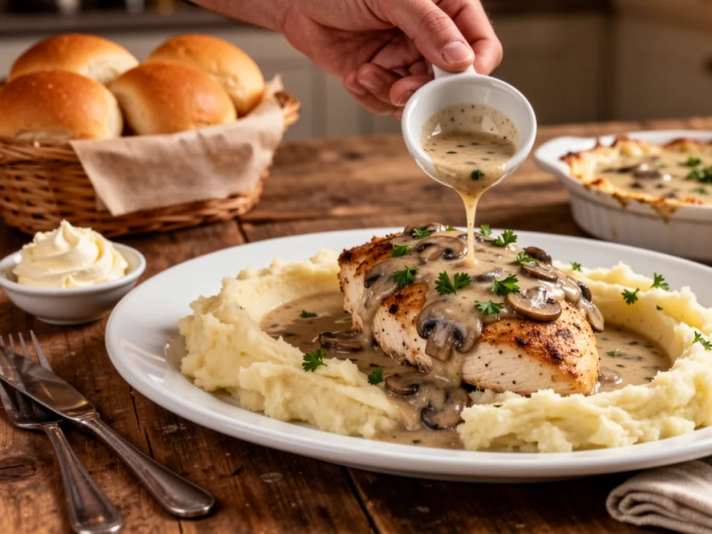Close-up of Smothered Grilled Chicken featuring melted cheese and savory mushroom gravy on a white plate.