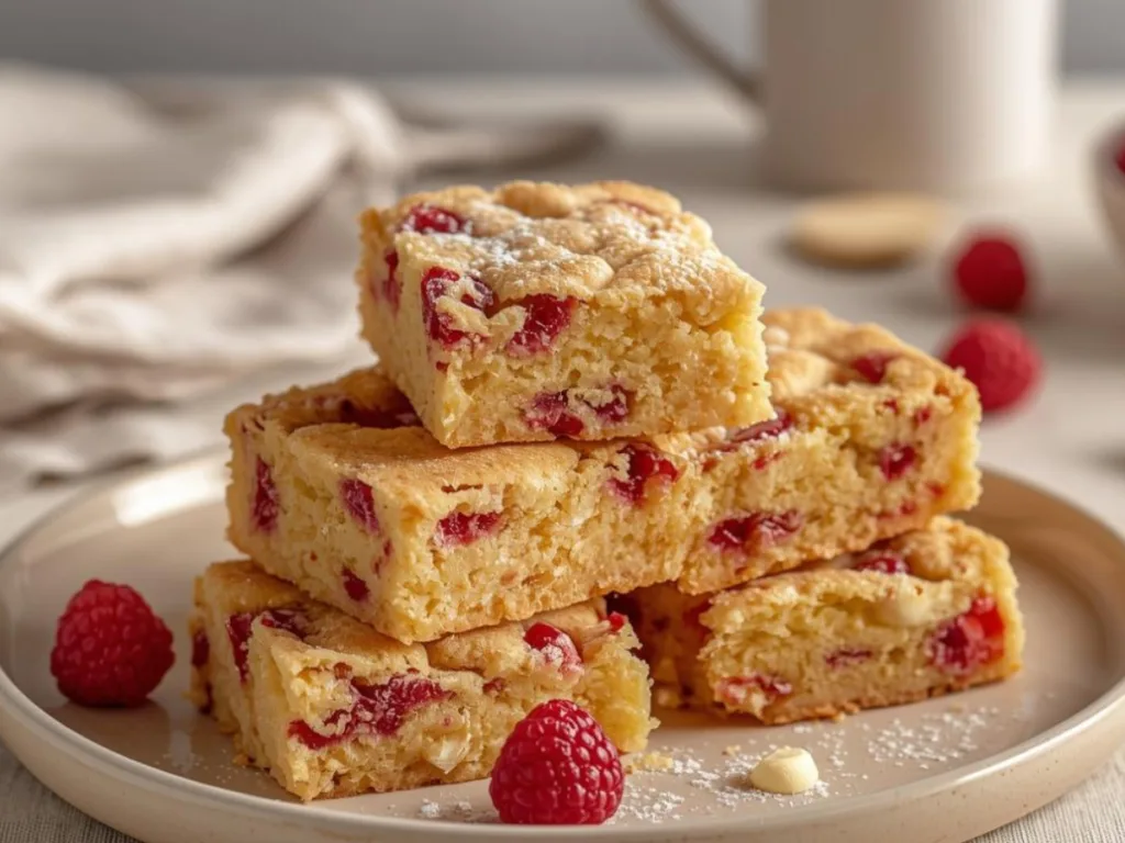 A stack of raspberry white chocolate cookie bars made with sourdough discard, showing the dense fudgy texture and golden edges.