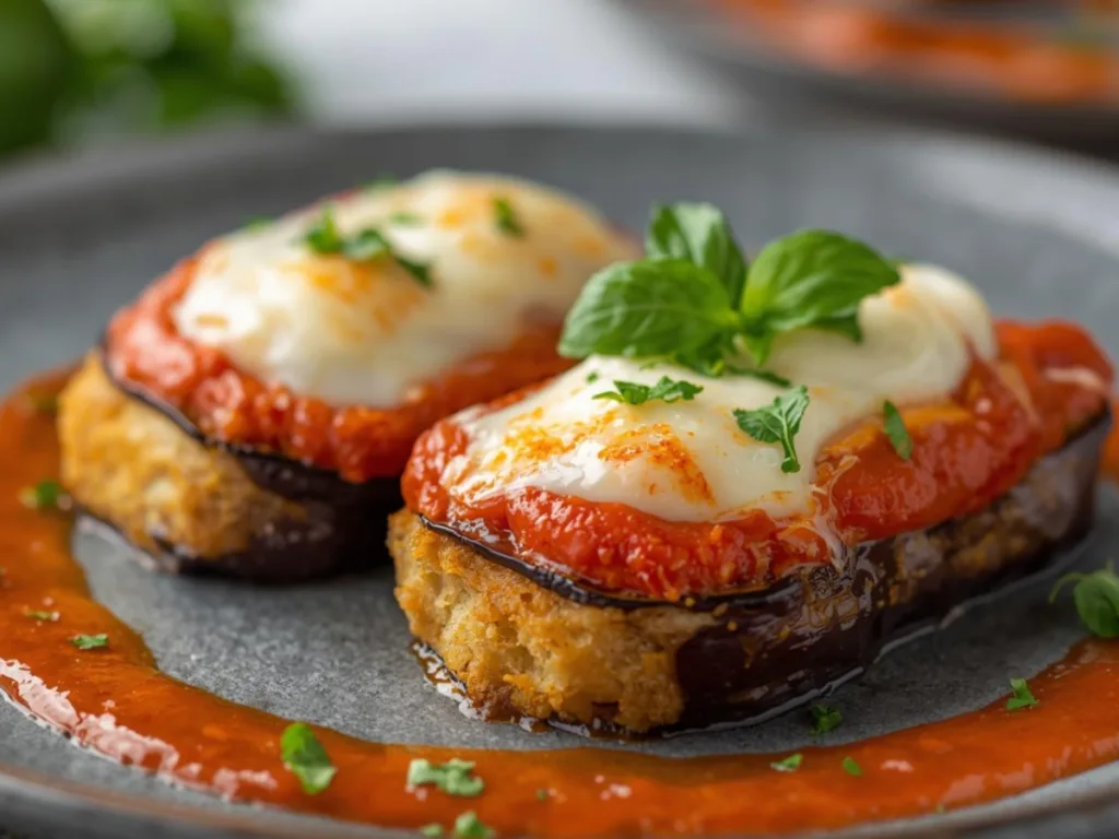 Platter of easy fried eggplant parmesan made in an air fryer for a weeknight meal.