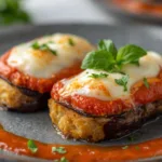 Platter of easy fried eggplant parmesan made in an air fryer for a weeknight meal.