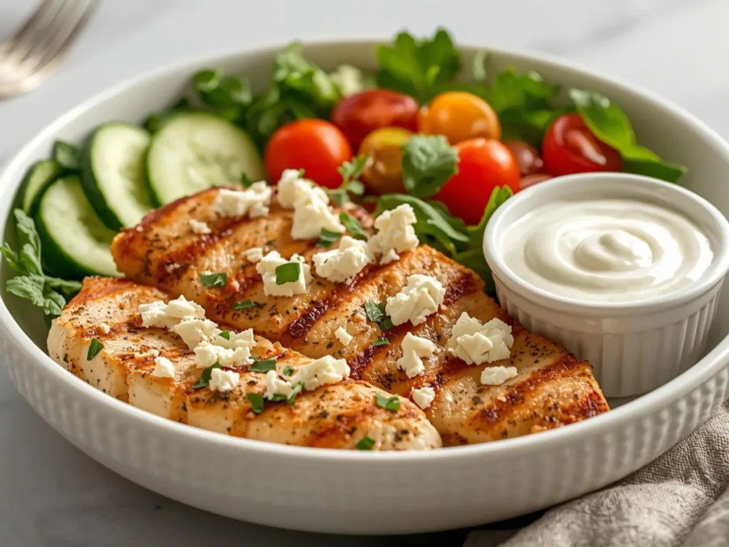 Air Fryer Greek Chicken Bowls:Meal prep containers with Greek chicken, rice, and fresh vegetables.