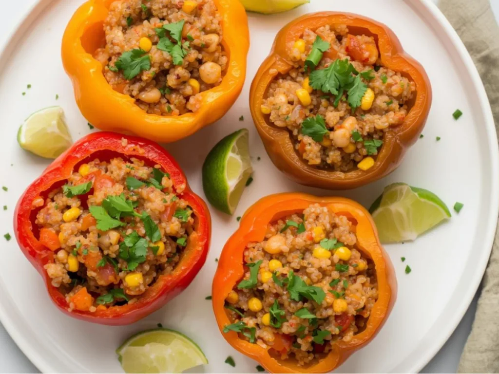 Air fryer basket filled with stuffed bell peppers.
