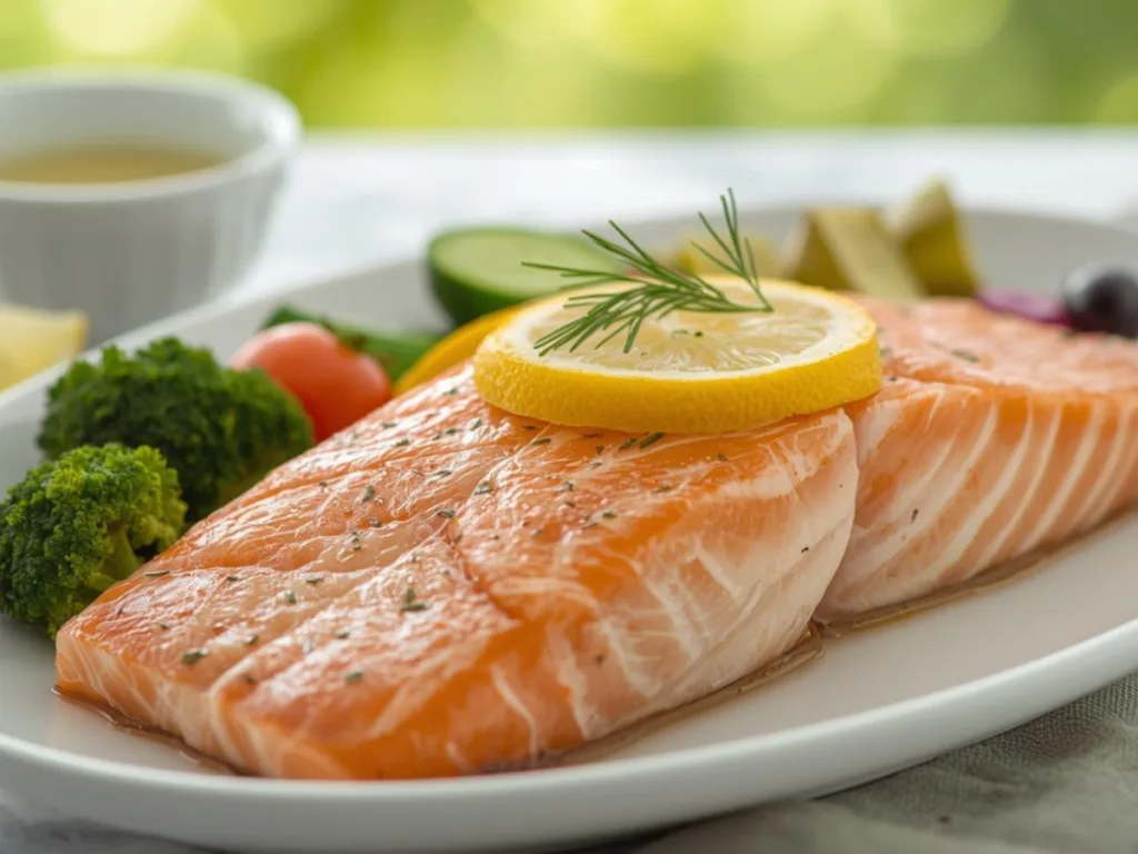 Air fryer basket with two pieces of salmon and lemon wedges.