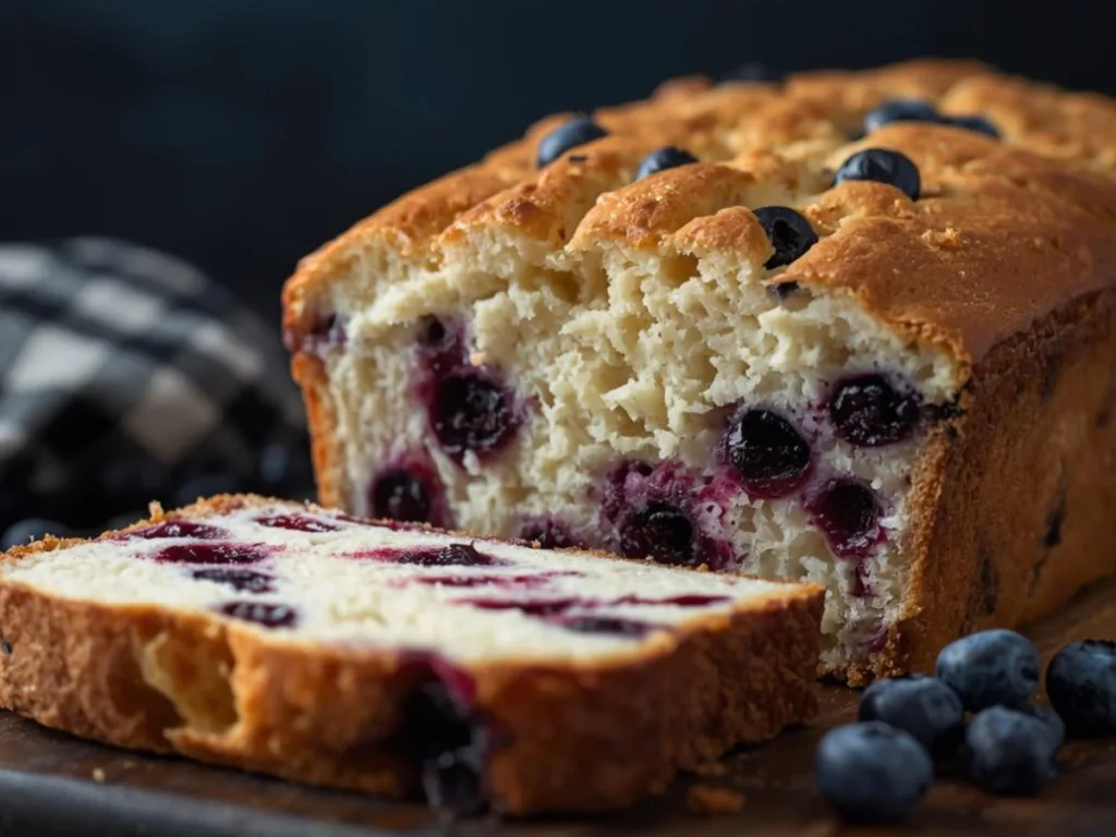 A close-up of a slice of Blueberry Cream Cheese Loaf with visible cream cheese filling.