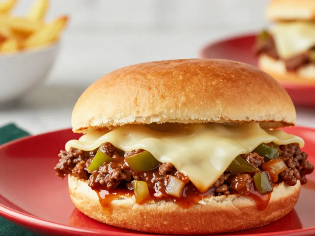 Cheesesteak Style Sloppy Joes:A Gourmet Sloppy Joe Recipe served with sautéed peppers and onions, showcasing a ground beef cheese steak sandwich style dinner.