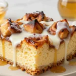 Top-down view of a Leftover Cinnamon Rolls Recipe bread pudding in a white dish, showing sparkling cinnamon sugar and moist bread cubes.