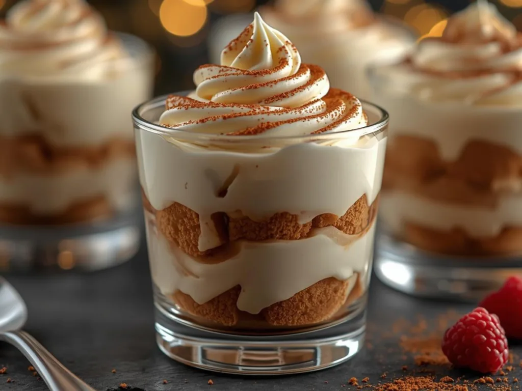 Top view of Eggnog Tiramisu Cups showing the texture of Egg Nog Tiramisu and Cocoa Powder Cookies dusting.