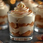 Top view of Eggnog Tiramisu Cups showing the texture of Egg Nog Tiramisu and Cocoa Powder Cookies dusting.