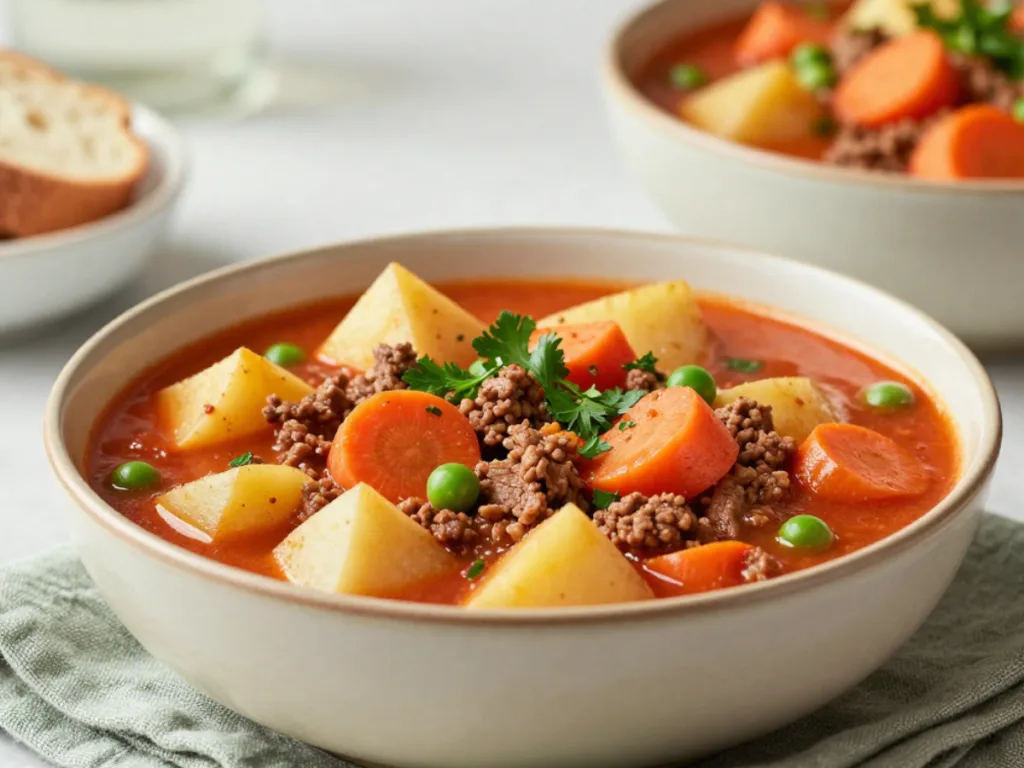 A ladle serving a thick portion of Wholesome Hamburger Stew into a rustic bowl.