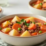 A ladle serving a thick portion of Wholesome Hamburger Stew into a rustic bowl.