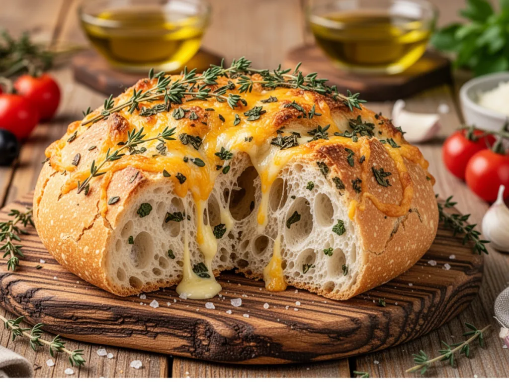 Italian herb and cheese bread rolls with garlic topping.