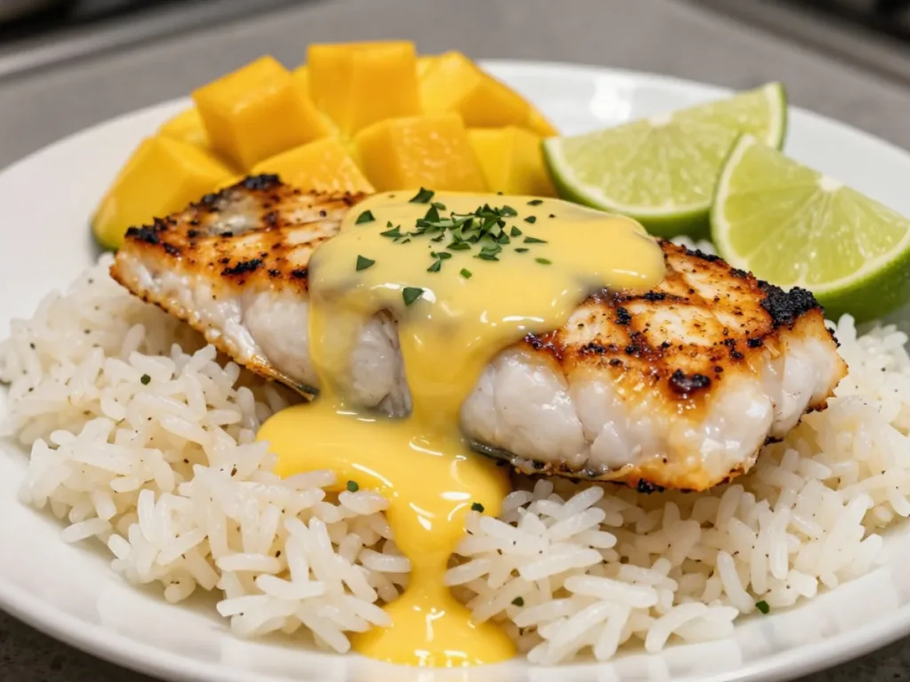 Mango Sauce for Mahi Mahi being drizzled over grilled fillets.