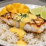 Mango Sauce for Mahi Mahi being drizzled over grilled fillets.