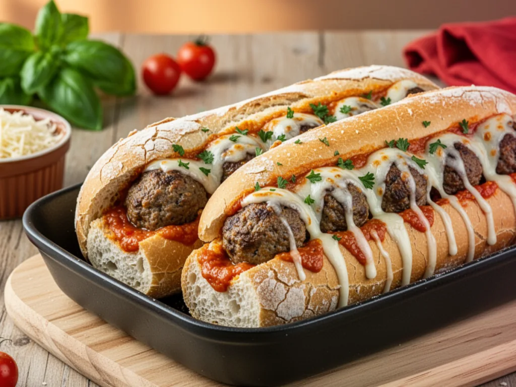 Cheesy Meatball Subs In Baking Dish.