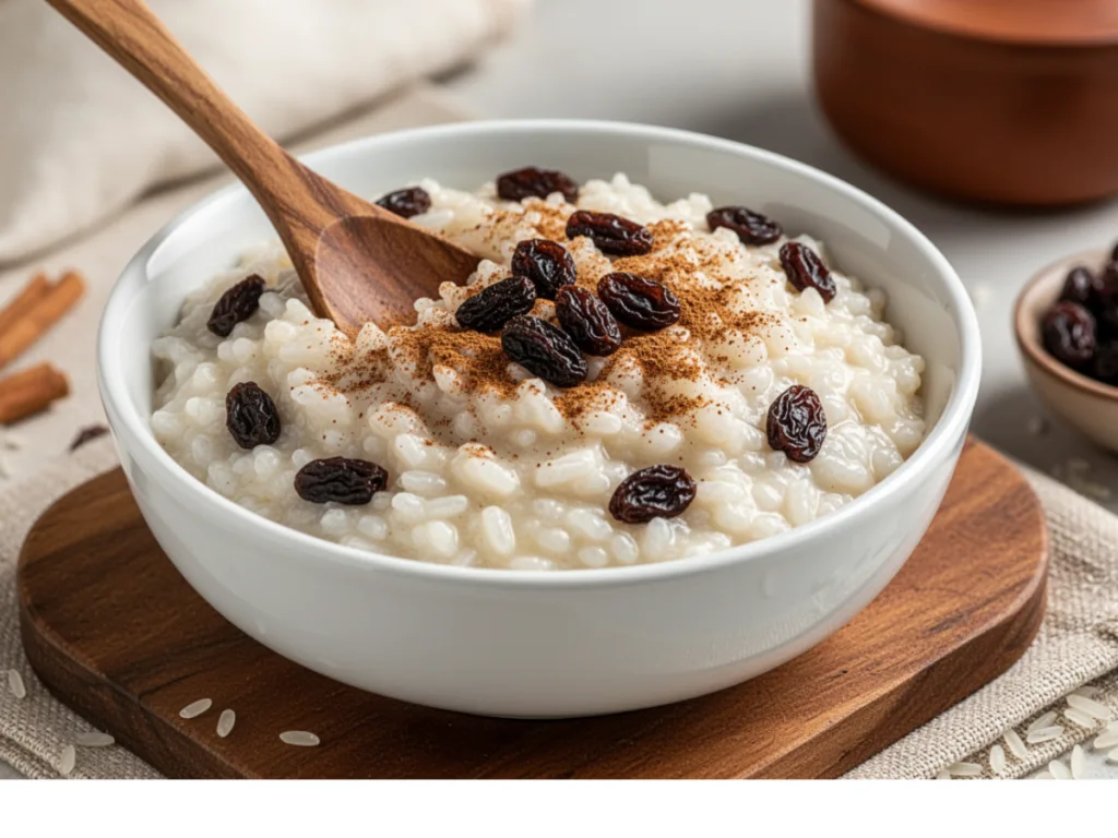 Old School Rice Pudding on a rustic wooden table.