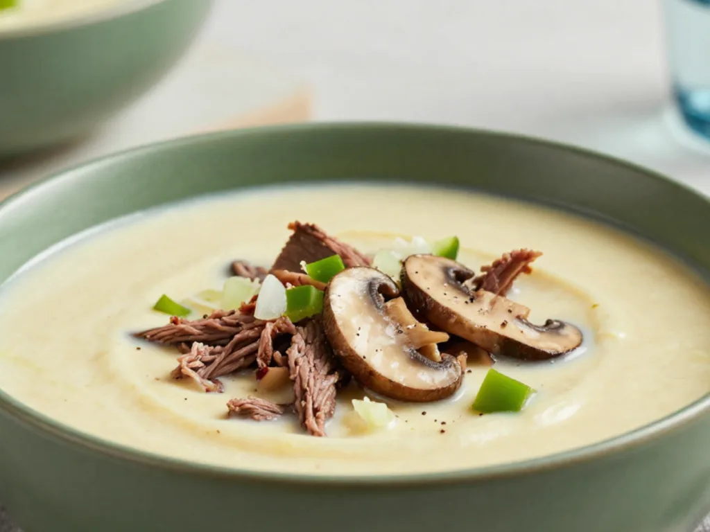 Sliced steak in creamy cheese soup.