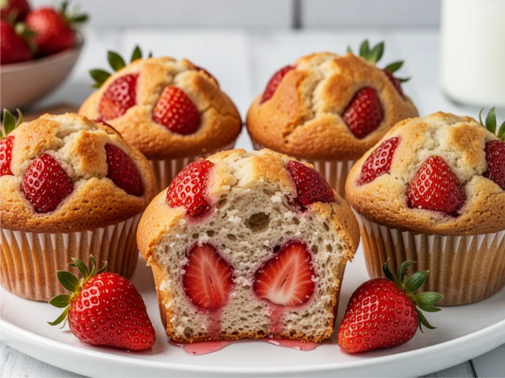 Healthy Strawberry Protein Muffins garnished with strawberry slices on a white ceramic plate.