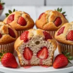 Healthy Strawberry Protein Muffins garnished with strawberry slices on a white ceramic plate.