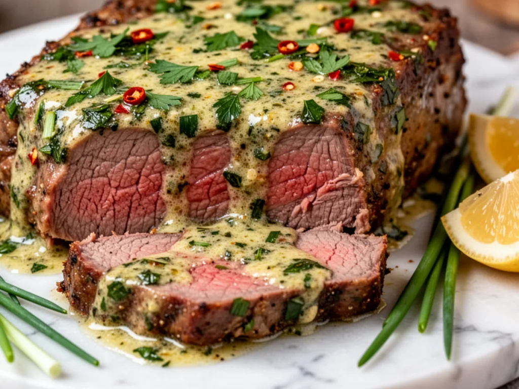 Cowboy Butter Steak sauce being poured over golden brown seared steak cubes in a skillet.