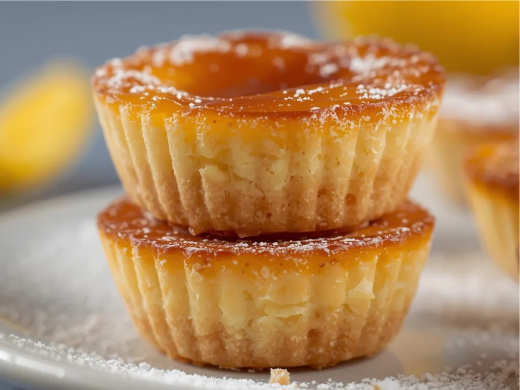 Golden baby lemon impossible mini pies styled as afternoon tea party snacks on a white ceramic plate with a dusting of sugar.