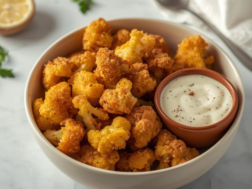 lose-up of breaded cauliflower snack with a crunchy texture.