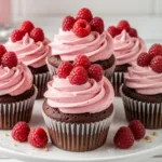 A wooden spoon lifting a dollop of fluffy raspberry buttercream from a glass mixing bowl, revealing the creamy and airy texture of the frosting.