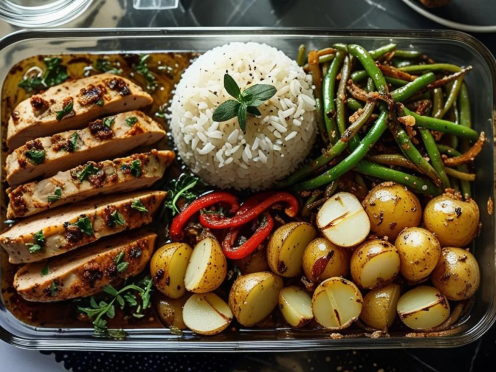 Sheet pan style Spiced Baked Chicken with Garlic Potatoes, Sautéed Veggies & Rice for family meal prep.