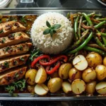 Sheet pan style Spiced Baked Chicken with Garlic Potatoes, Sautéed Veggies & Rice for family meal prep.