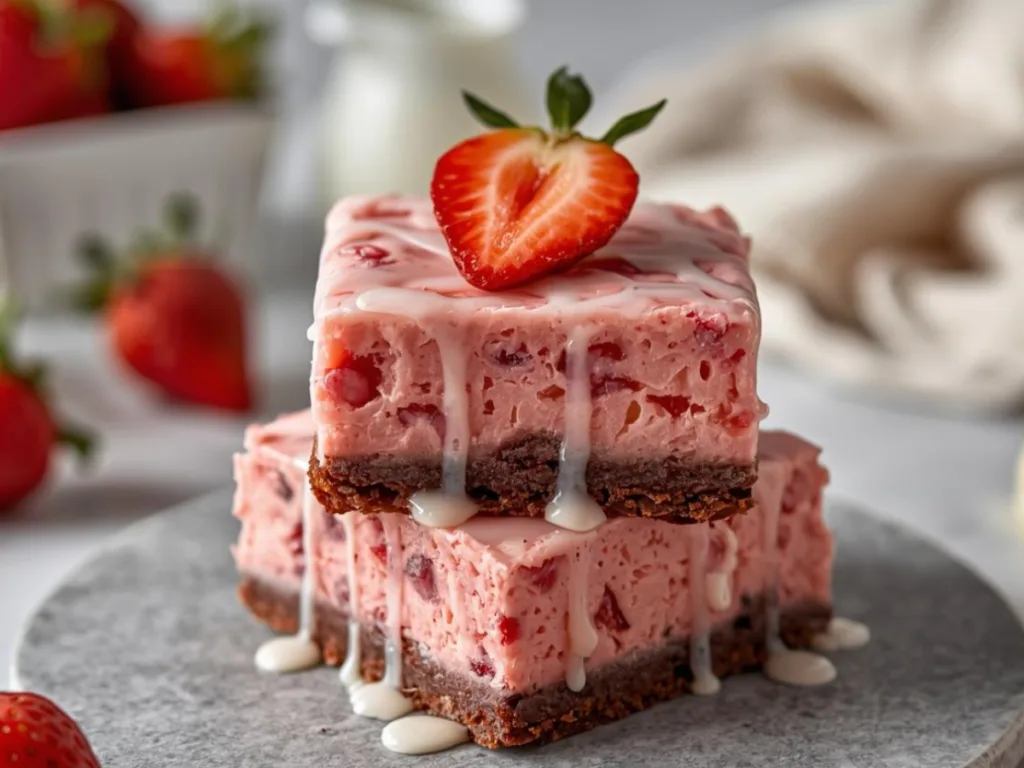 Strawberry Brownies with Lemon Glaze ready for serving