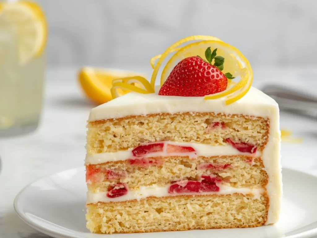 Slice of fresh Strawberry Lemonade Cake Layers showing the airy lemon sponge and the rich, red strawberry puree filling between layers.