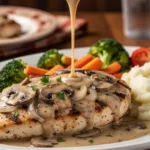 Skillet-prepared Texas Roadhouse Smothered Chicken Breast with golden-brown mushrooms and onions.