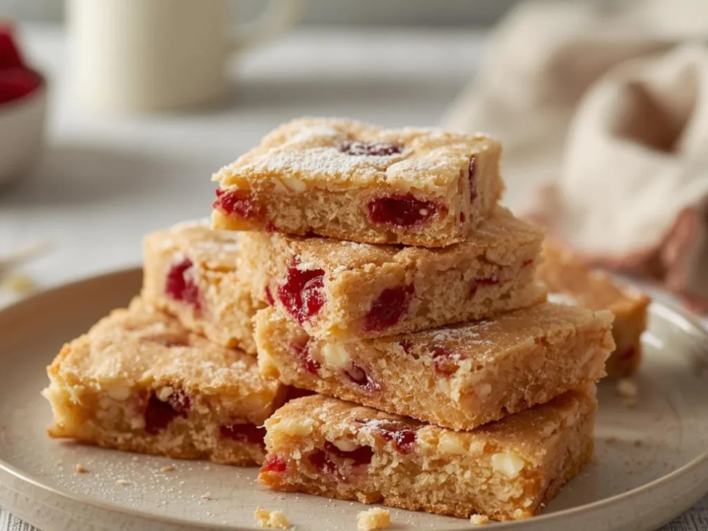 Top view of white chocolate raspberry bars in a baking pan, decorated with dried raspberries and a white chocolate drizzled dessert finish.