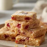 Top view of white chocolate raspberry bars in a baking pan, decorated with dried raspberries and a white chocolate drizzled dessert finish.