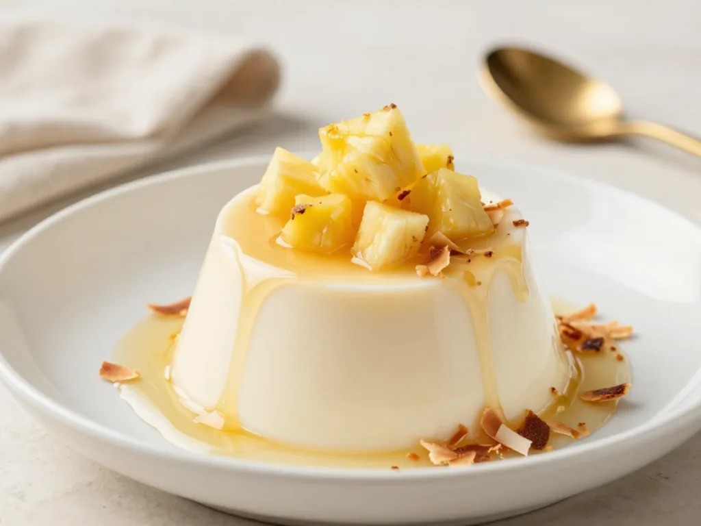 Creamy Coconut Cream Panna Cotta with Pineapple chunks and fresh mint garnish in a glass.