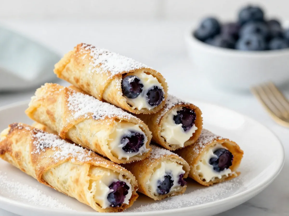 Golden crispy keto blueberry cream cheese roll-ups on a rustic plate.