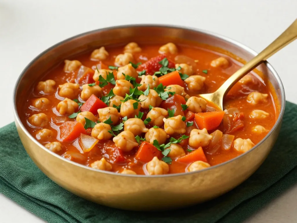 A rustic bowl of slow cooker dump moroccan chickpea stew dinner vegetarian topped with fresh cilantro and a lemon wedge.
