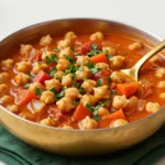 A rustic bowl of slow cooker dump moroccan chickpea stew dinner vegetarian topped with fresh cilantro and a lemon wedge.