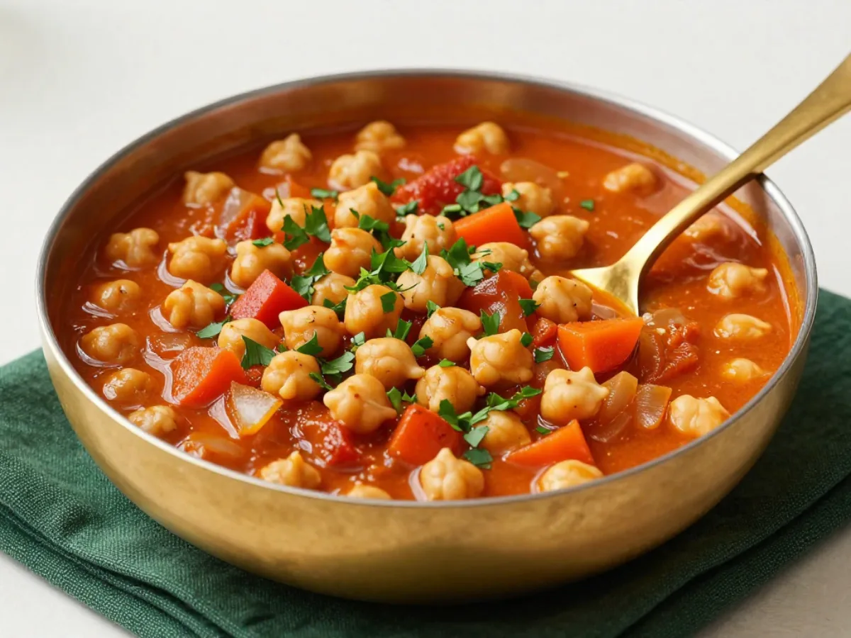 A rustic bowl of slow cooker dump moroccan chickpea stew dinner vegetarian topped with fresh cilantro and a lemon wedge.
