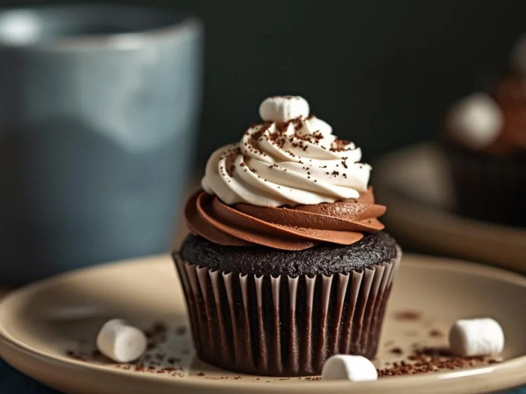 Decadent Hot Cocoa Cupcakes with fluffy marshmallow frosting and chocolate drizzle