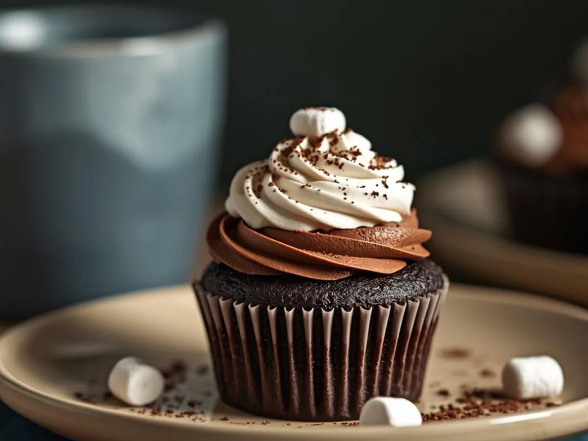Decadent Hot Cocoa Cupcakes with fluffy marshmallow frosting and chocolate drizzle