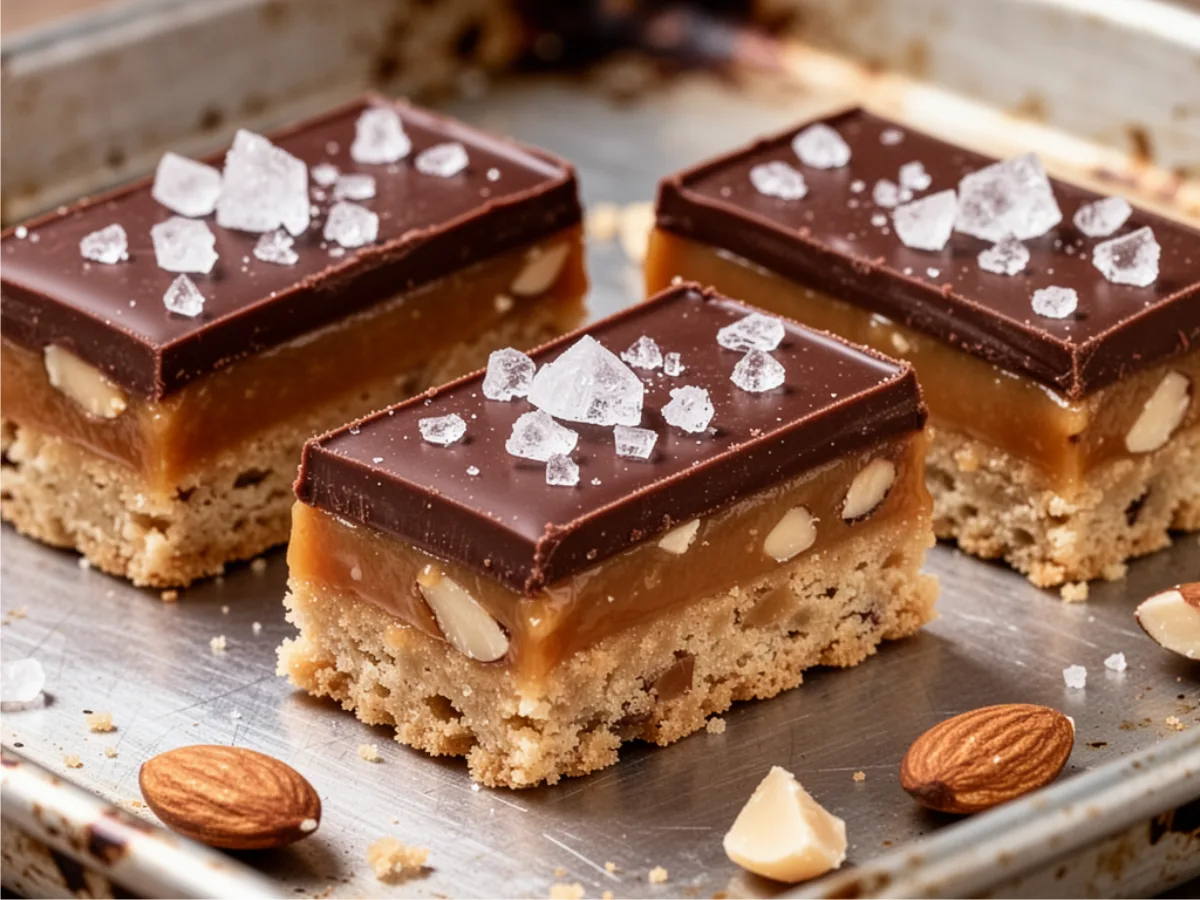 Healthy No Bake Almond-Butter Twix Bars with chocolate topping.